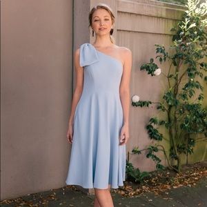 Gal Meets Glam blue Celine one shoulder bow dress